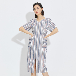 【MB】简约又落落大方圆领女气质时尚条纹连衣裙MB1741