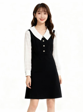RM系列-时尚气质简约舒适透气黑白拼接假两件连衣裙YL989