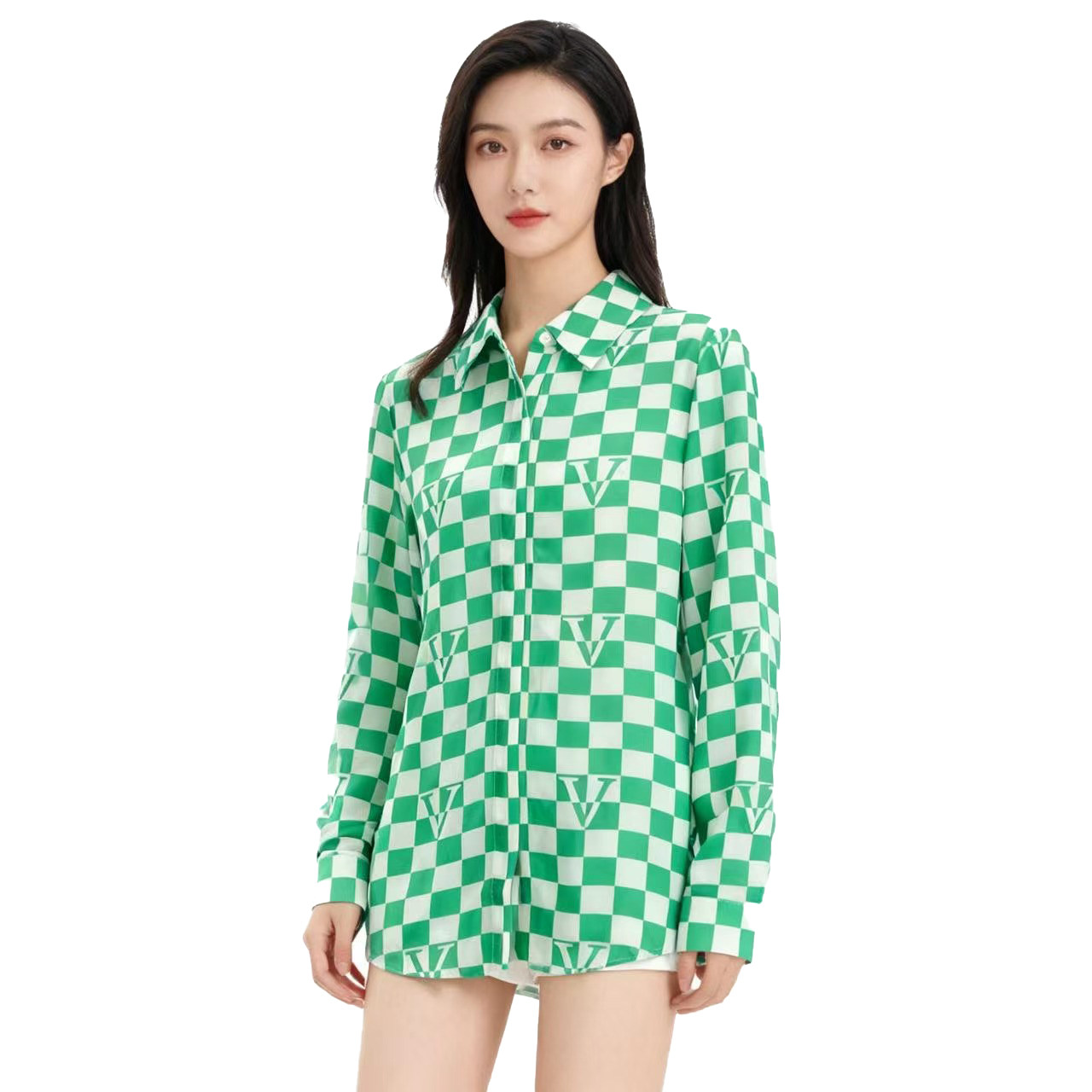 【D玛纳】棋盘格衬衫翻领时尚气质休闲现代风百搭款女装DMA958