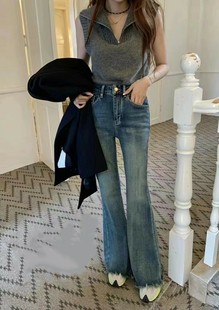 复古蓝微喇牛仔裤女2024秋季新款Palace宫高腰弹力显瘦直筒喇叭裤