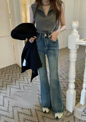 复古蓝微喇牛仔裤女2024秋季新款Palace宫高腰弹力显瘦直筒喇叭裤