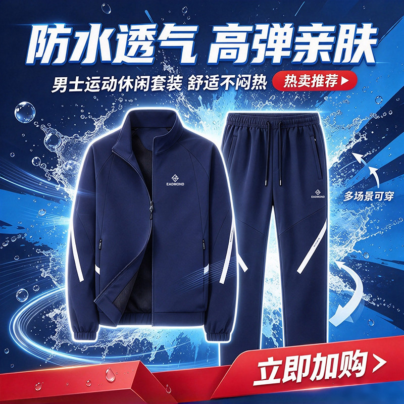 埃德蒙男士运动套装春秋季新款防水透气立领高弹中青年休闲运动服
