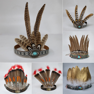 包邮新款羽毛头饰印第安头戴舞台走秀表演用品写真拍摄道具纯手工