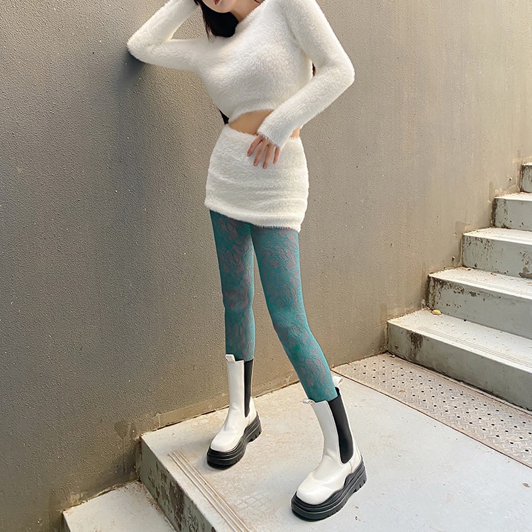 春夏季新款超薄镂空打底裤袜女性感复古花朵网袜蓝色甜酷连裤袜