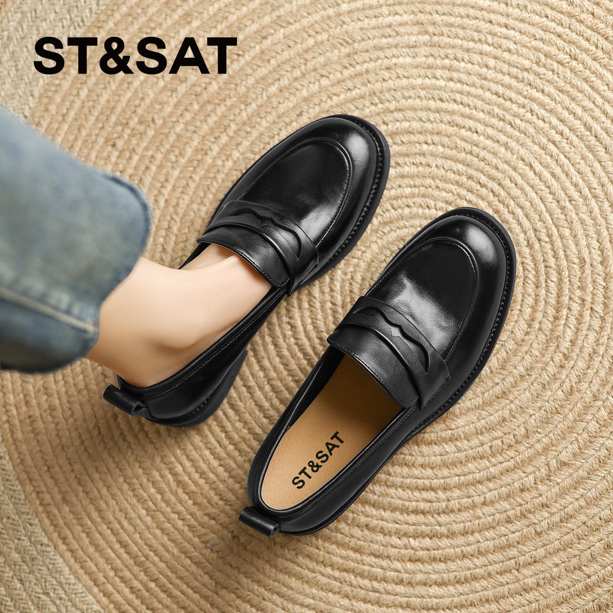 星期六真皮软底乐福鞋女2025春秋新款英伦一脚蹬厚底小皮鞋【直】