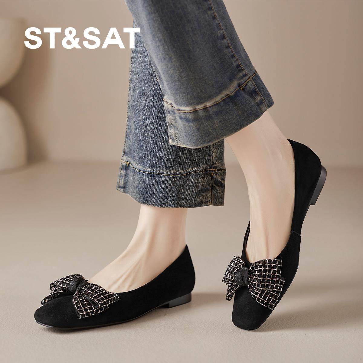 星期六女鞋气质尖头法式单鞋女2025新款百搭蝴蝶结黑色绒面平底鞋