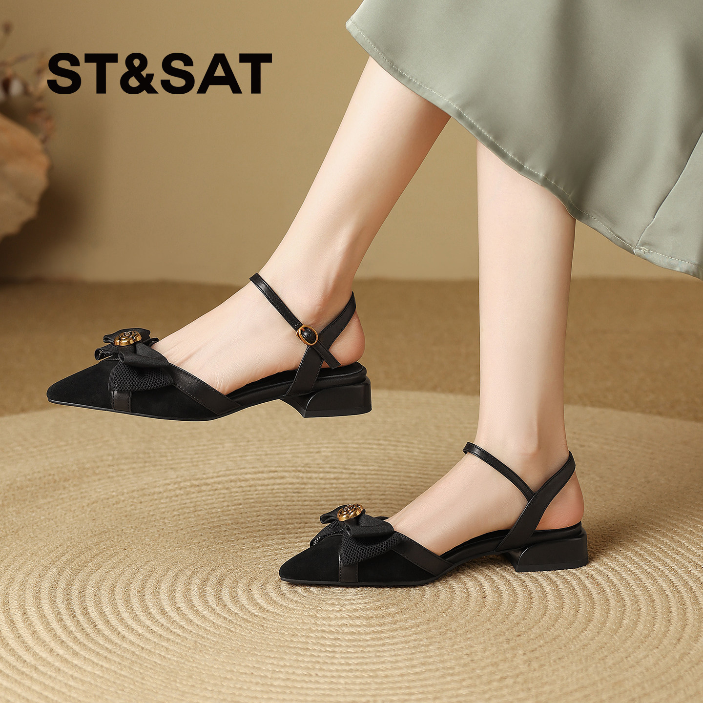 星期六包头女凉鞋2026新款夏季外穿高级感尖头蝴蝶结低跟时装凉鞋