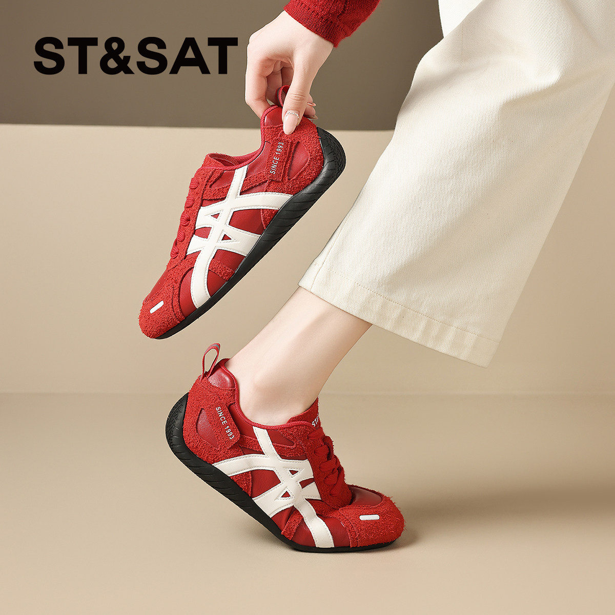星期六复古红色德训鞋女款2025新款秋季厚底小白鞋阿甘鞋运动鞋子