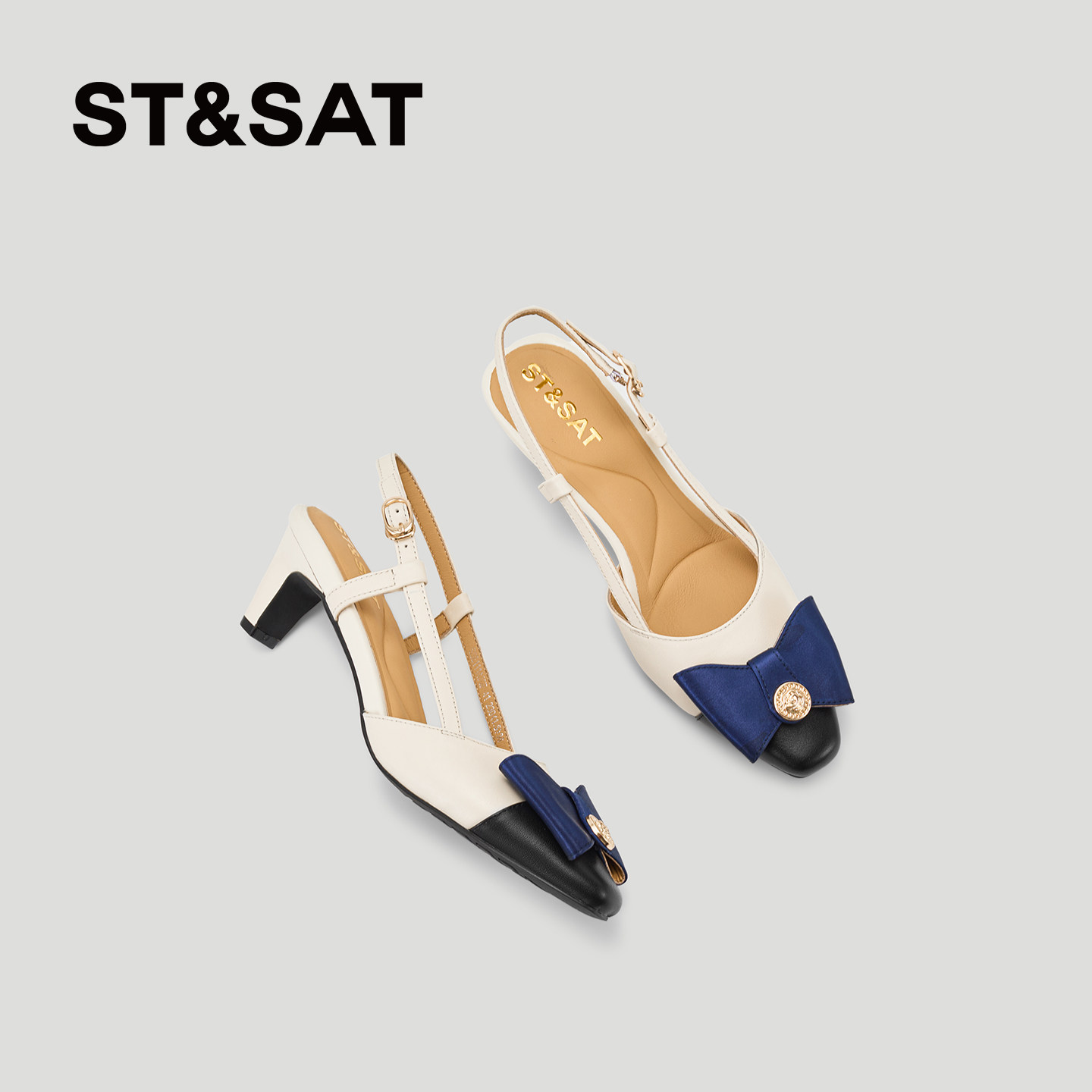 星期六小香风包头凉鞋女真皮拼色蝴蝶结粗跟高跟鞋2026配裙子单鞋