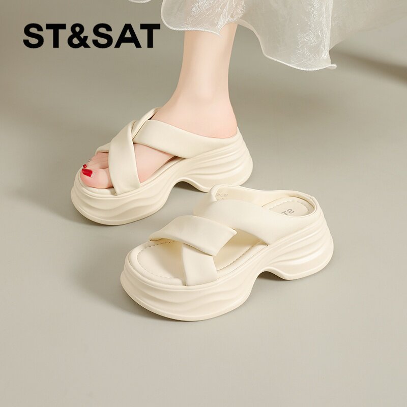 星期六厚底拖鞋女款新款夏季外穿绝美松糕凉拖鞋海边沙滩一字拖