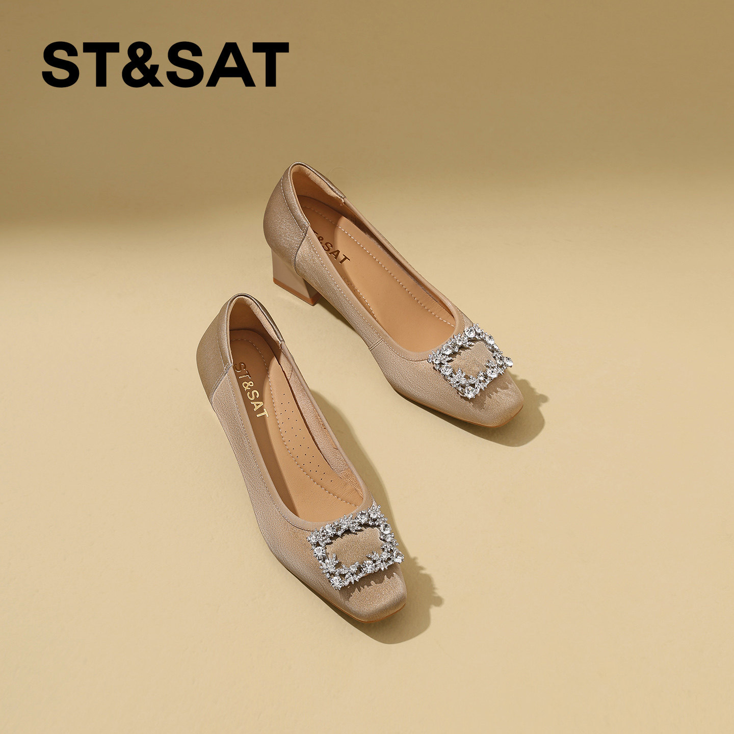 星期六真皮小香风粗跟方头浅口单鞋女2026春季新款晚宴水钻高跟鞋