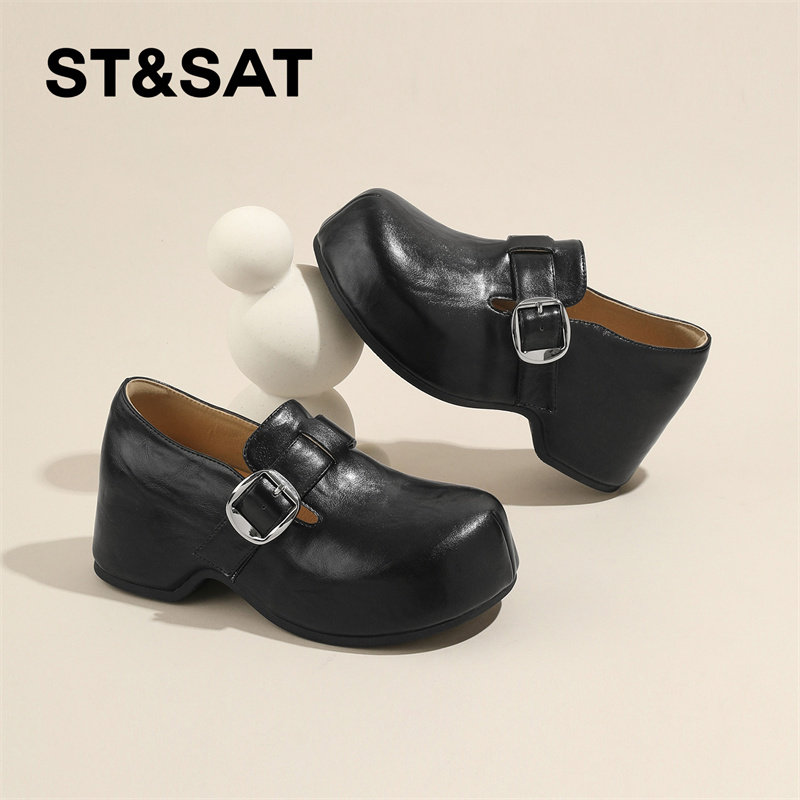 星期六厚底乐福鞋女款2026新款春季英伦风小皮鞋一脚蹬高跟勃肯鞋