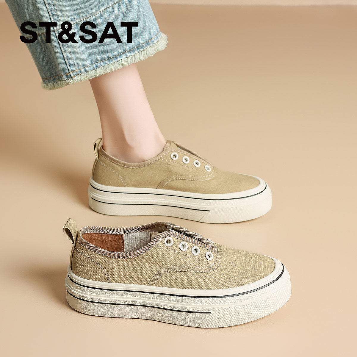星期六厚底帆布鞋女2025新款夏季百搭休闲鞋一脚蹬懒人软底板鞋子