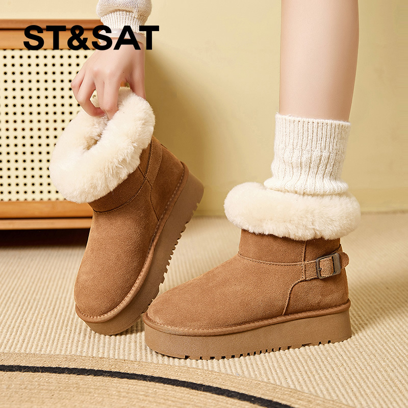 星期六厚底加绒雪地靴短靴女增高