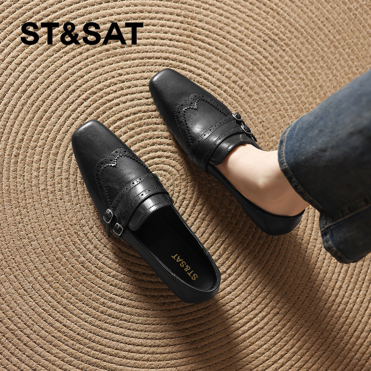 星期六方头乐福鞋女夏新款复古老钱风小皮鞋一脚蹬单鞋女通勤