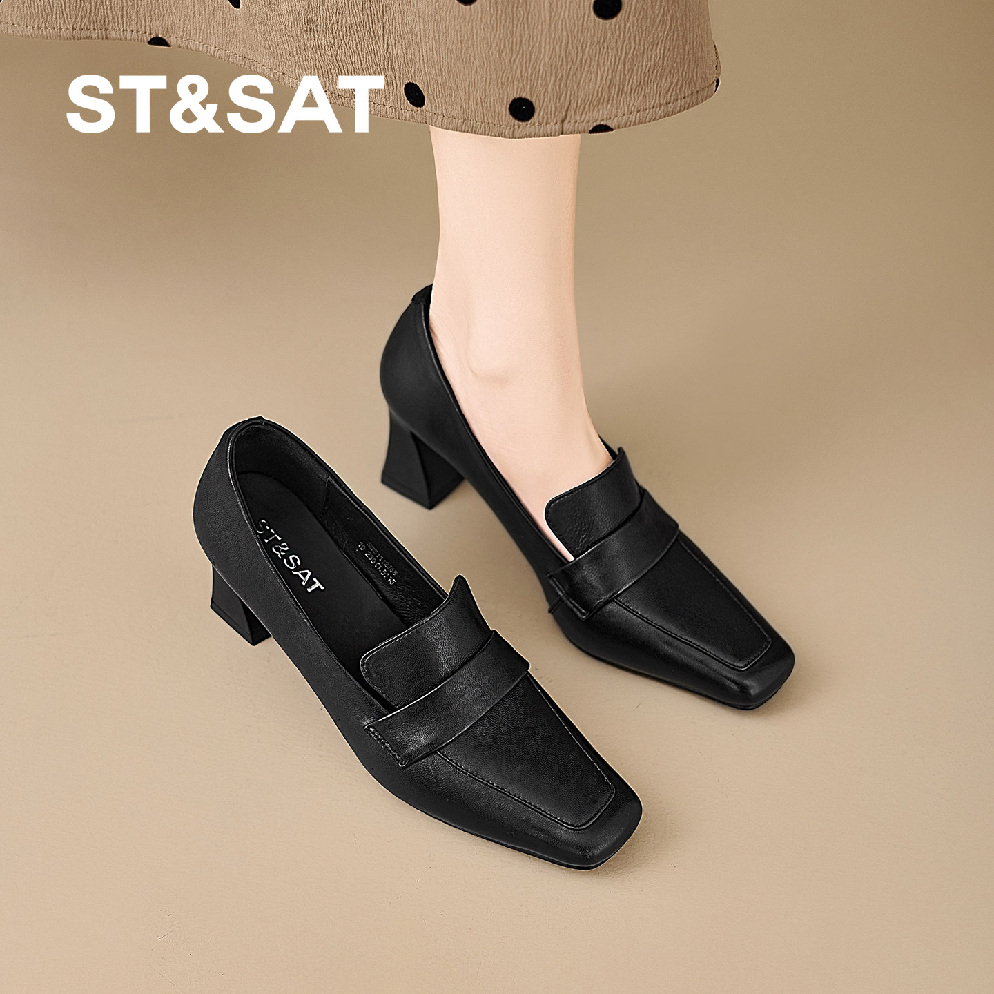 星期六黑色高跟鞋女粗跟复古风方头乐福鞋女春2026新款百搭小皮鞋