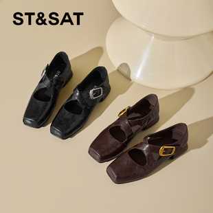 星期六真皮复古风方头粗跟玛丽珍鞋女2026春季新款交叉猪鼻头单鞋