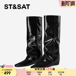 星期六千禧风骑士靴女2025秋冬方头粗跟直筒靴长靴炸街辣妹裤 管靴