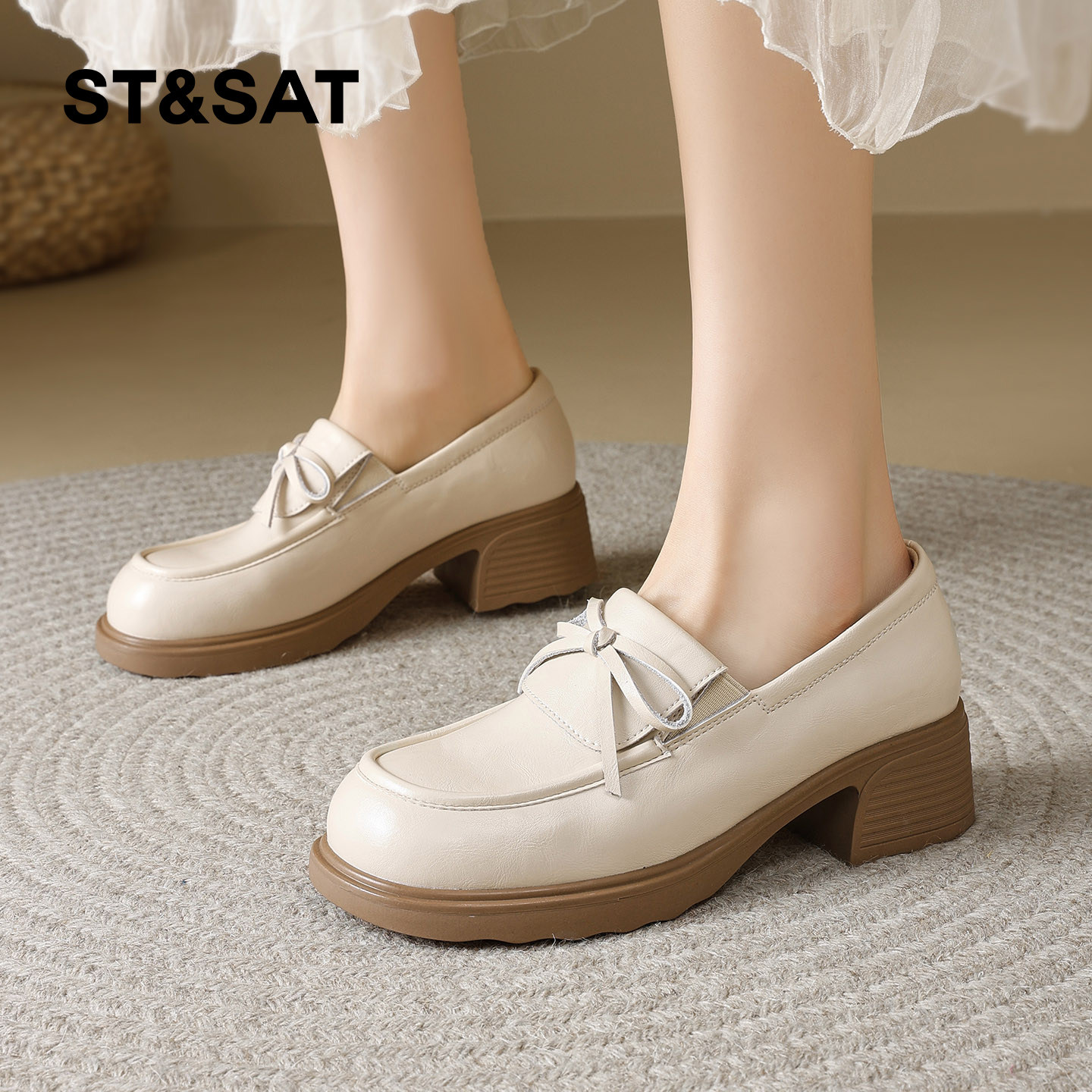 星期六厚底乐福鞋女2026春季新款蝴蝶结配裙子学院风复古小皮鞋子