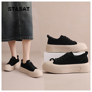 星期六厚底板鞋女鞋春季新款百搭休闲增高运动鞋子女士黑色帆布鞋