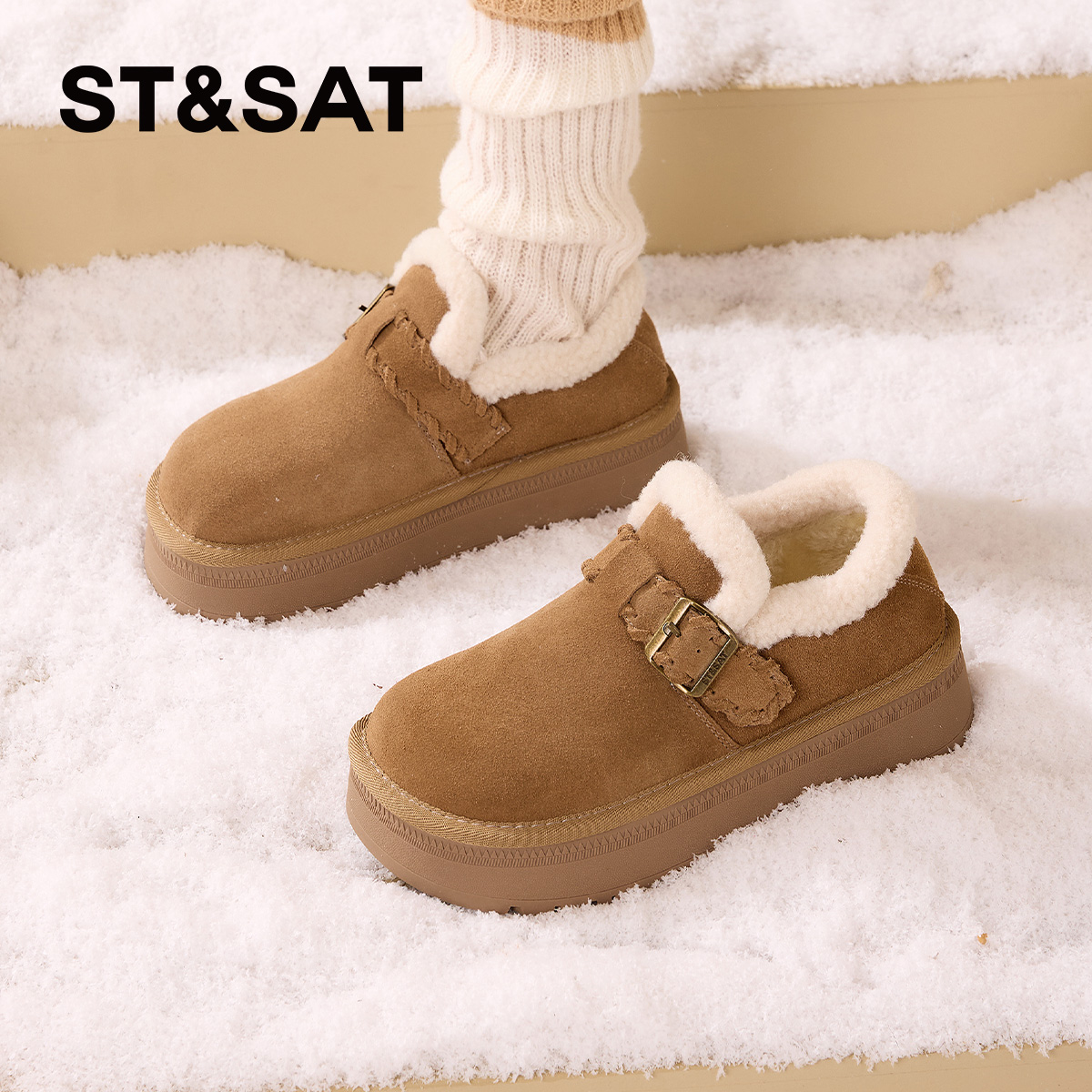 星期六厚底雪地靴女款2025冬季新款增高勃肯鞋棉鞋加绒保暖毛毛鞋