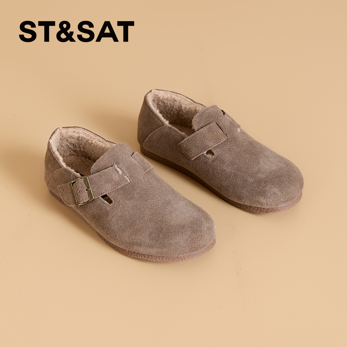 星期六真皮加绒勃肯鞋女款2025冬季新款复古保暖毛毛鞋厚底棉鞋子