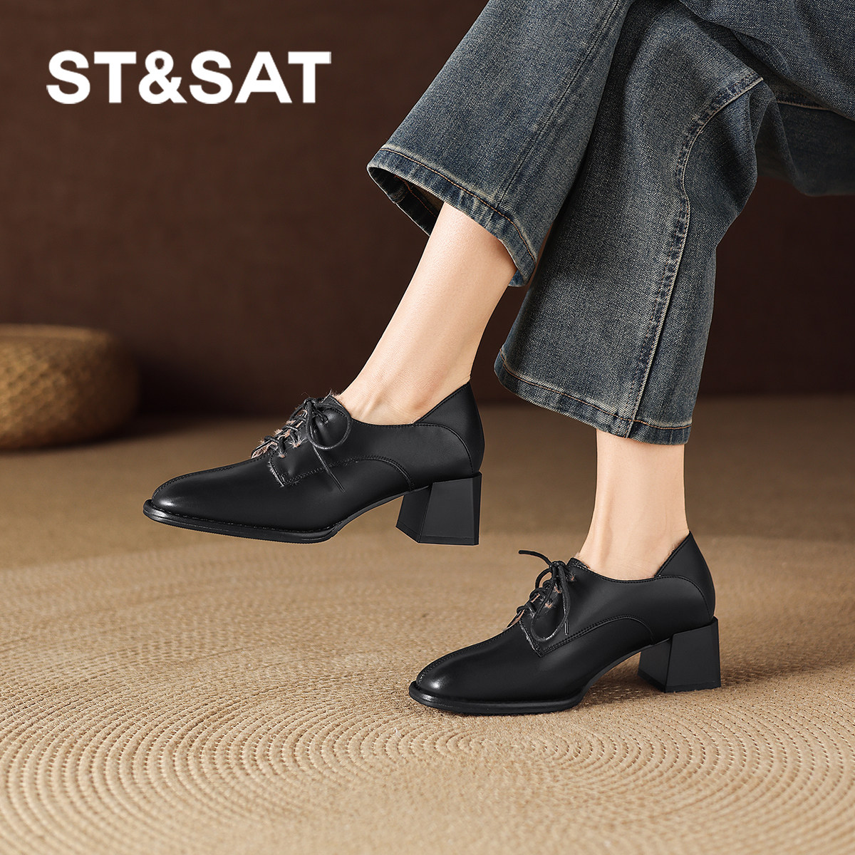 星期六黑色羊皮单鞋女2026新款春季英伦风小皮鞋系带深口通勤女鞋,女鞋,深口单鞋,淘宝优惠券,粉丝福利购,淘宝优惠卷