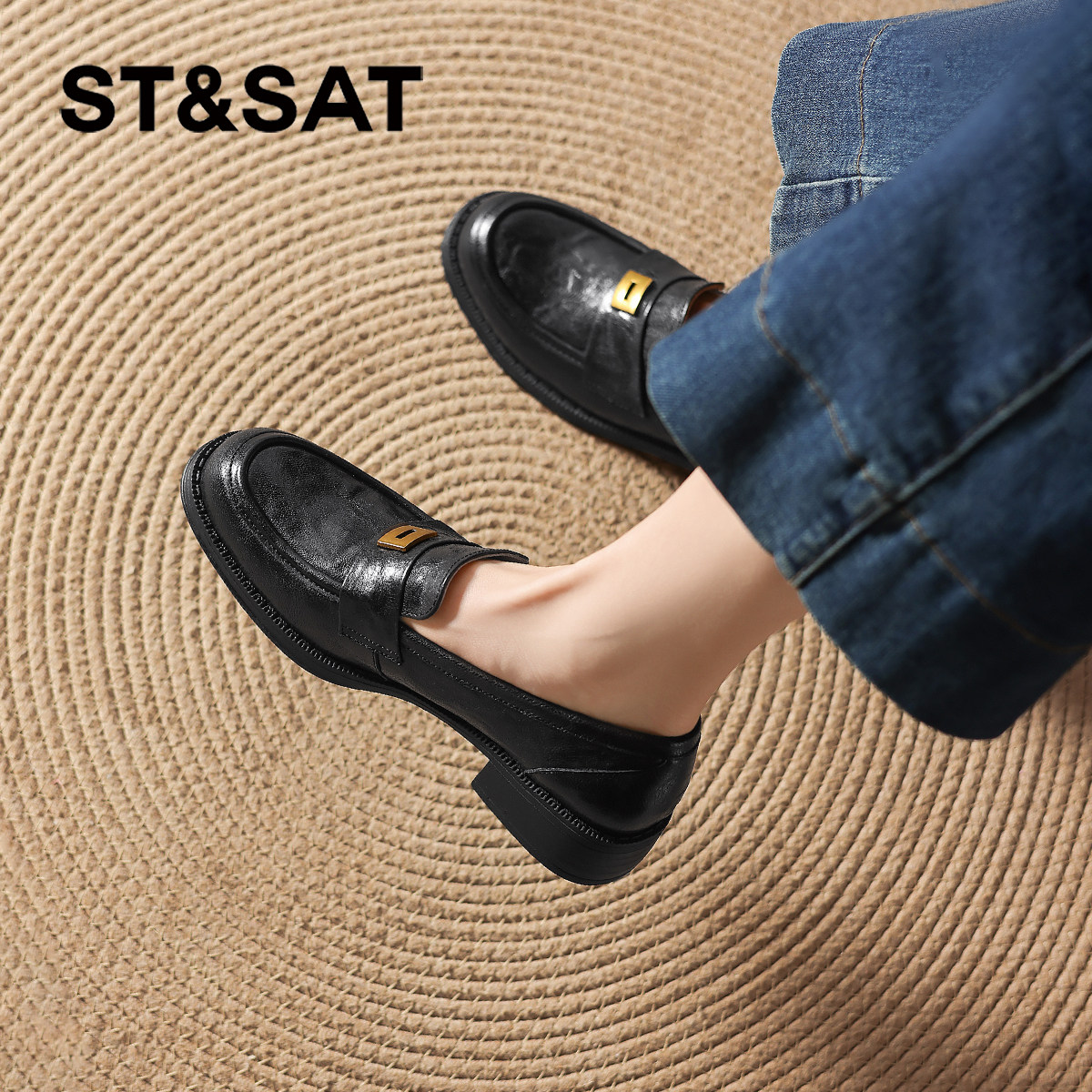 星期六软羊皮乐福鞋女2026新款春英伦通勤黑色小皮鞋一脚蹬单鞋子