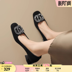 2025春季 圆头粗跟小皮鞋 新款 气质高跟鞋 女 法式 星期六水钻方扣单鞋