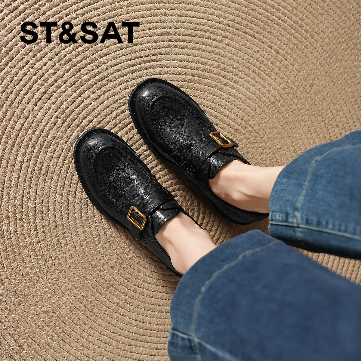 星期六羊皮黑色乐福鞋新款春季女款真皮鞋一脚蹬英伦风女鞋子