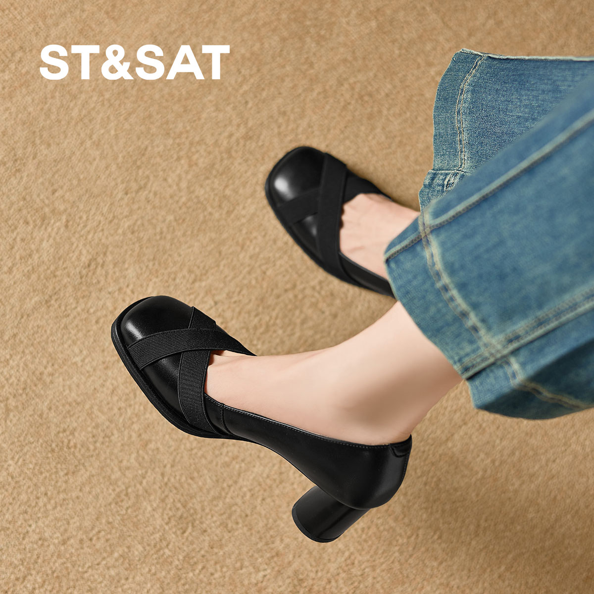 星期六粗跟单鞋女2026春季新款真皮方头拼接黑色配裙子高跟女鞋