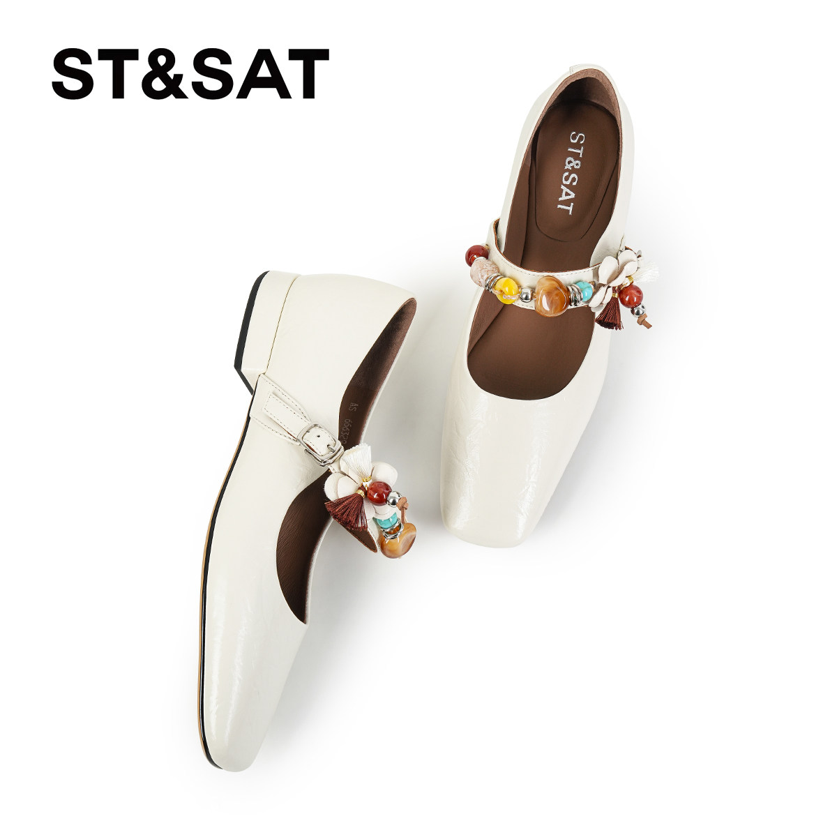 星期六新中式玛丽珍鞋女2025方头一字扣珍珠浅口单鞋配旗袍平底鞋