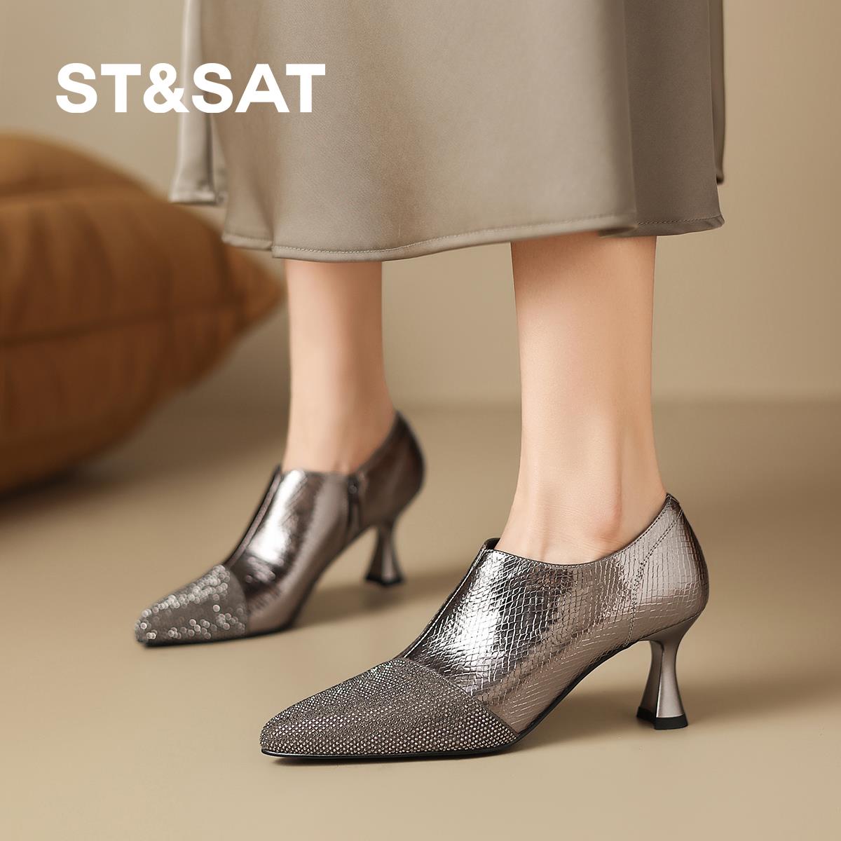 星期六尖头细跟单鞋2025秋季新款时尚高跟鞋外穿不累脚深口女单鞋
