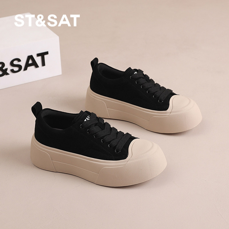 星期六板鞋女款2025春秋新款爆款厚底黑色帆布鞋女运动休闲饼干鞋