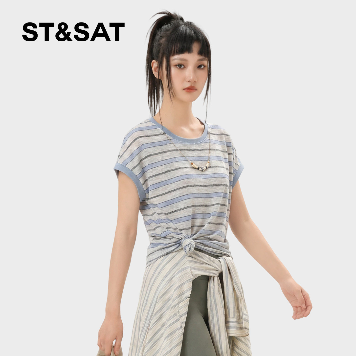 星期六撞色条纹短袖t恤女夏季