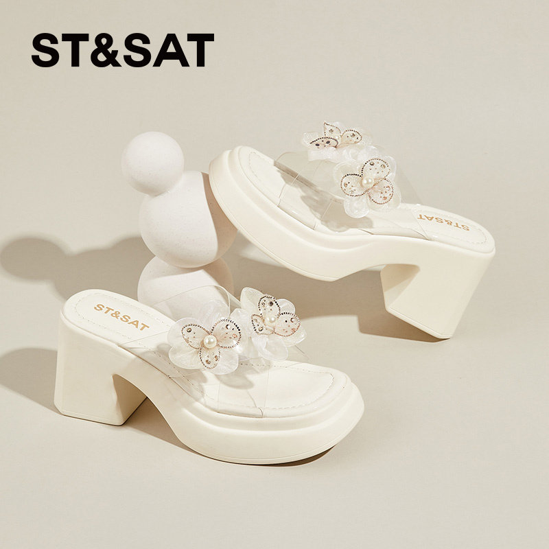 星期六粗跟露趾凉鞋女新款夏季外穿厚底增高时尚百搭休闲高跟鞋女