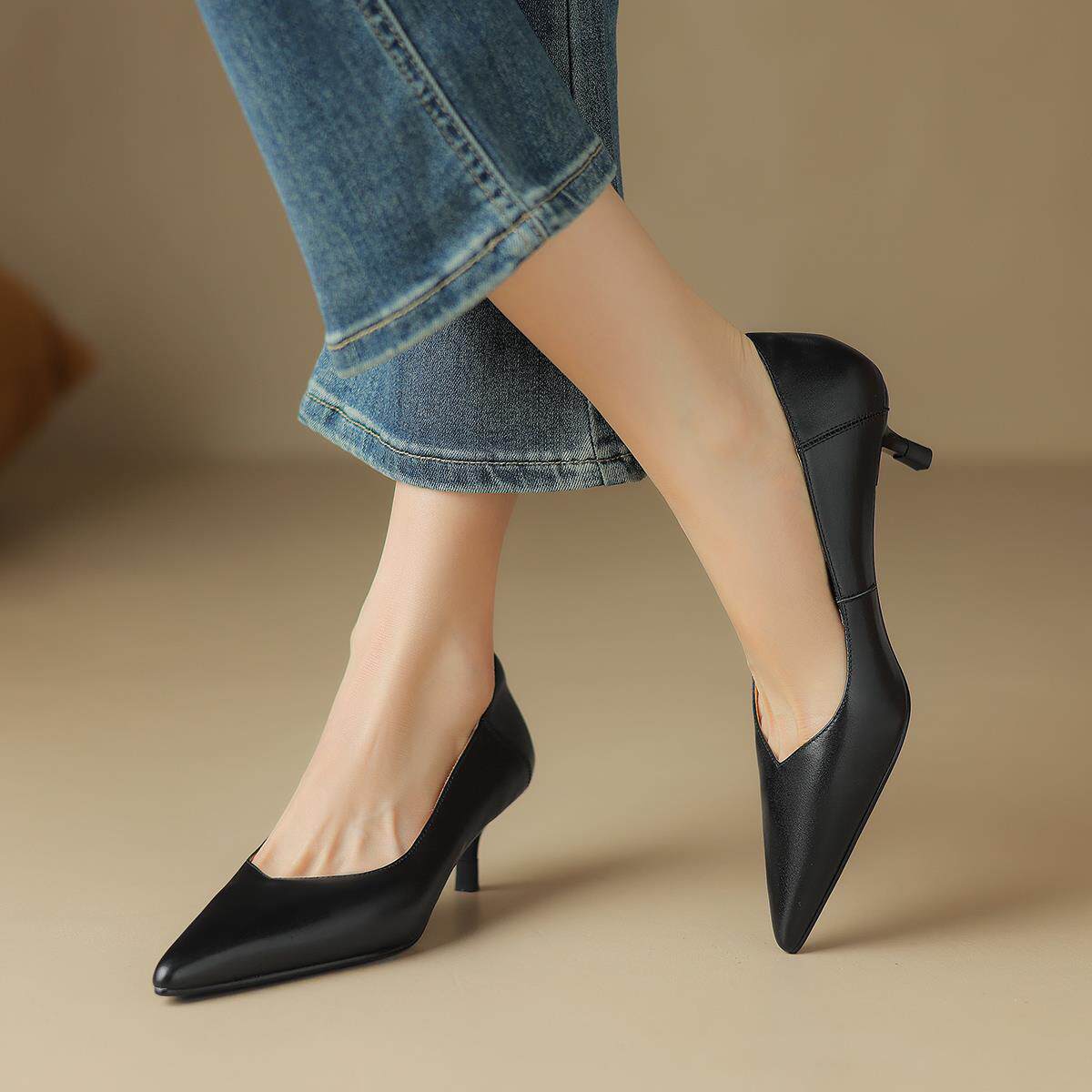 星期六气质尖头高跟鞋女真皮新款夏季不累脚女鞋浅口配裙子【直】