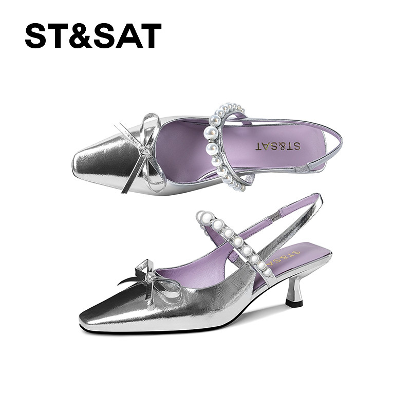 星期六法式方头珍珠水钻包头凉鞋女2025夏季新款蝴蝶结细跟高跟鞋