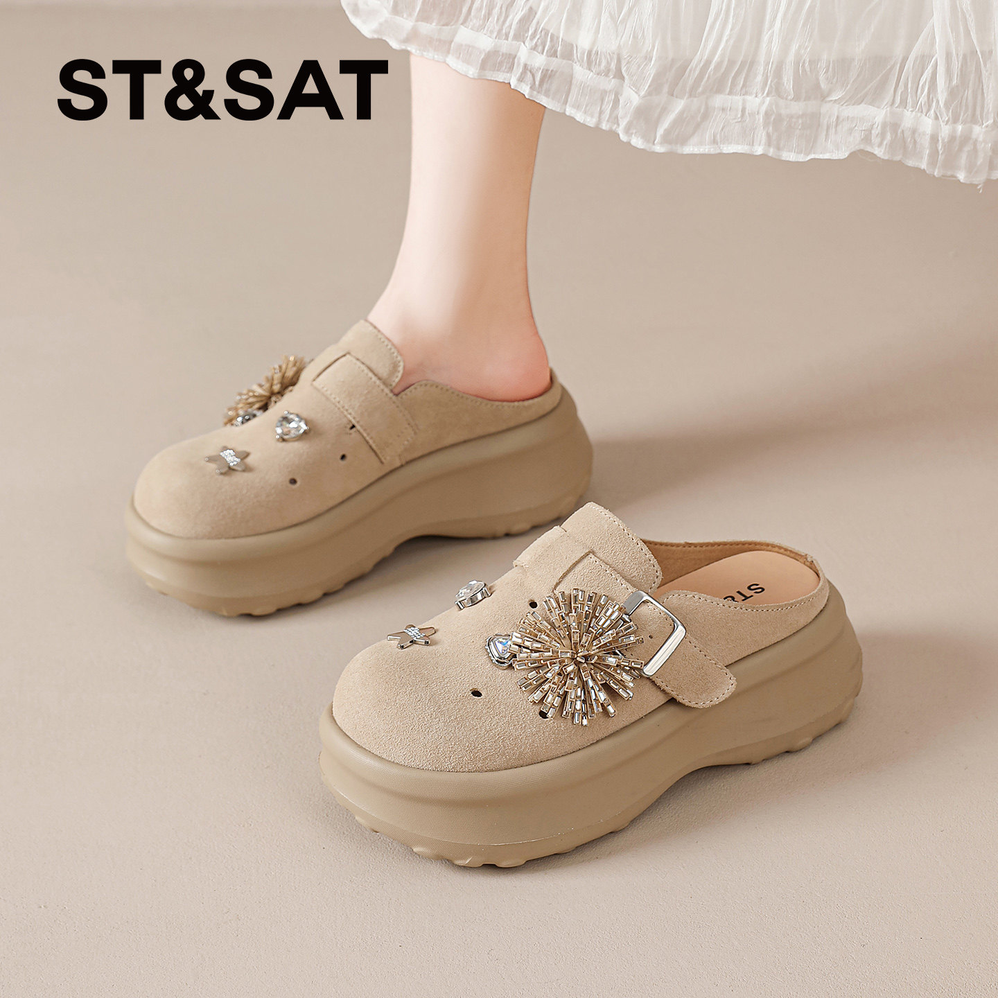 星期六厚底勃肯半拖单鞋女2026新款夏季超火烟花鞋真皮一脚蹬女鞋