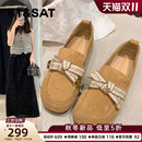 星期六真皮平底加絨淺口單鞋 溫柔風勃肯鞋 豆豆鞋 子 女2024秋冬新款