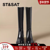 星期六真皮英伦风长筒靴骑士靴女靴2025秋冬新款 粗跟长靴高筒靴子