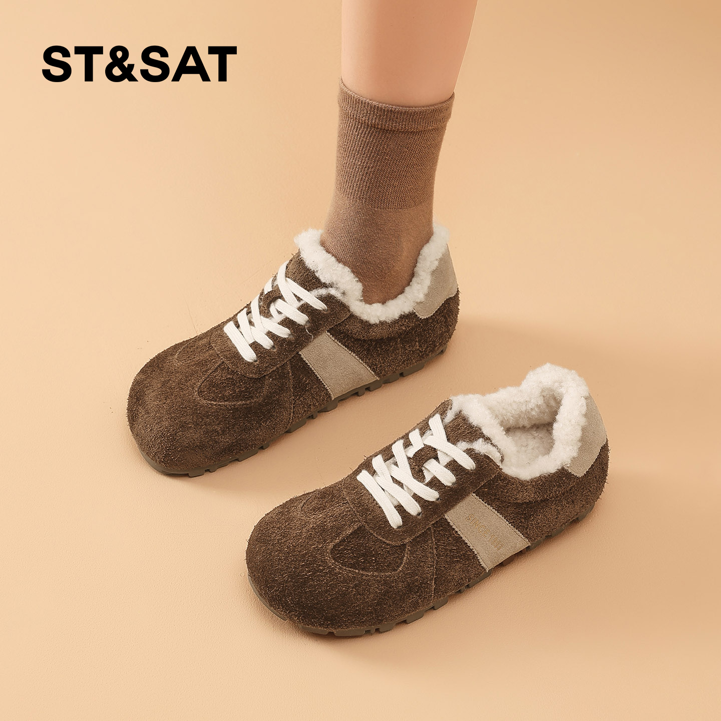 星期六加绒德训毛毛鞋女鞋冬2025新款美拉德内增高勃肯鞋复古棉鞋