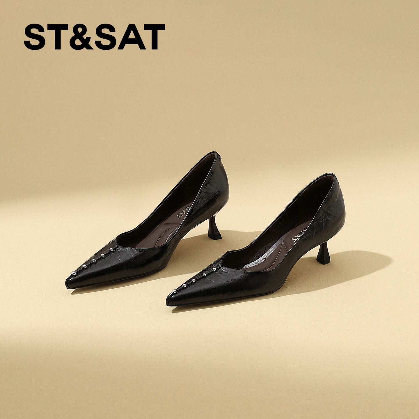 星期六真皮黑色尖头细跟高跟鞋女2026年春季新款百搭浅口通勤单鞋