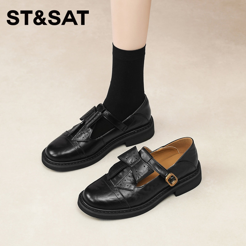 星期六新款休闲黑色厚底玛丽珍鞋女一字扣带小皮鞋透气百搭乐福鞋