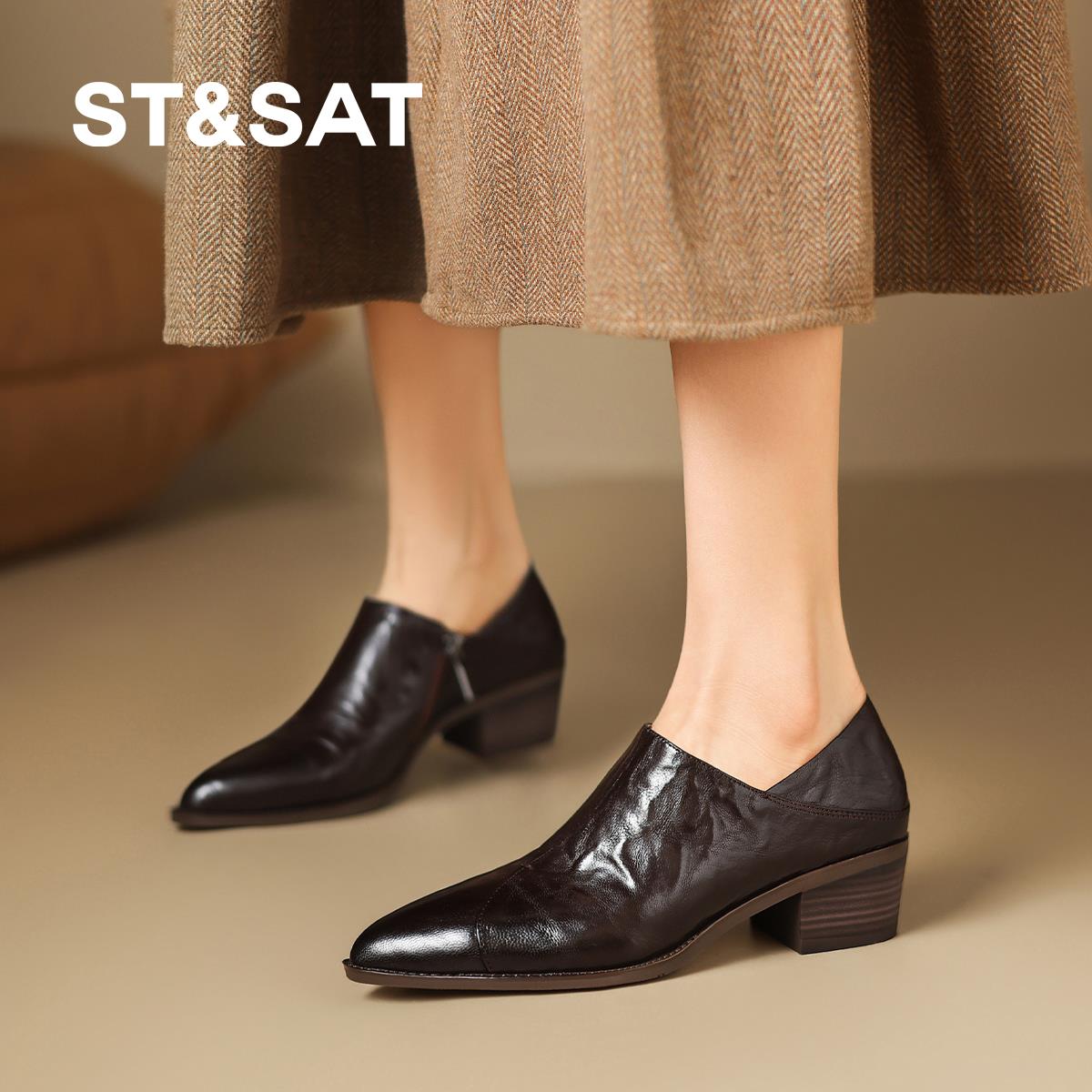 星期六尖头休闲百搭一脚蹬乐福鞋女粗跟通勤皮鞋秋季新款深口单鞋