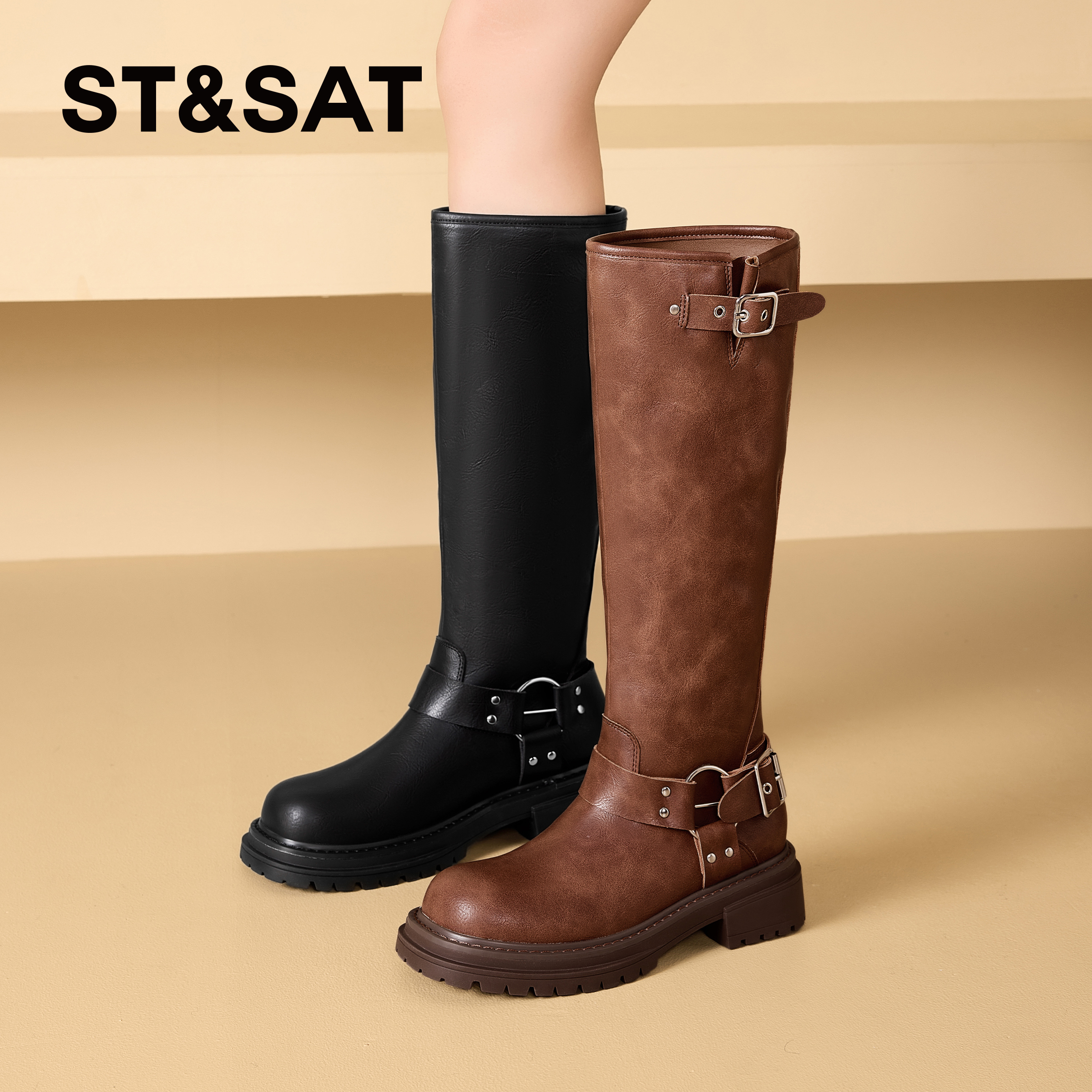 星期六复古潮流骑士靴女2024秋季