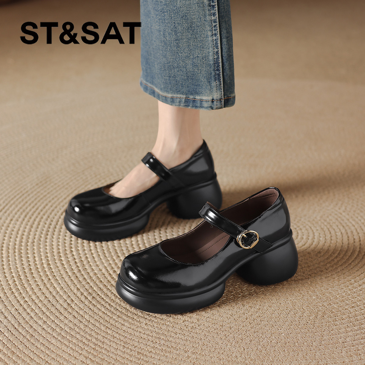 星期六增高玛丽珍鞋女2026新款春季黑色配裙子高跟单鞋粗跟小皮鞋