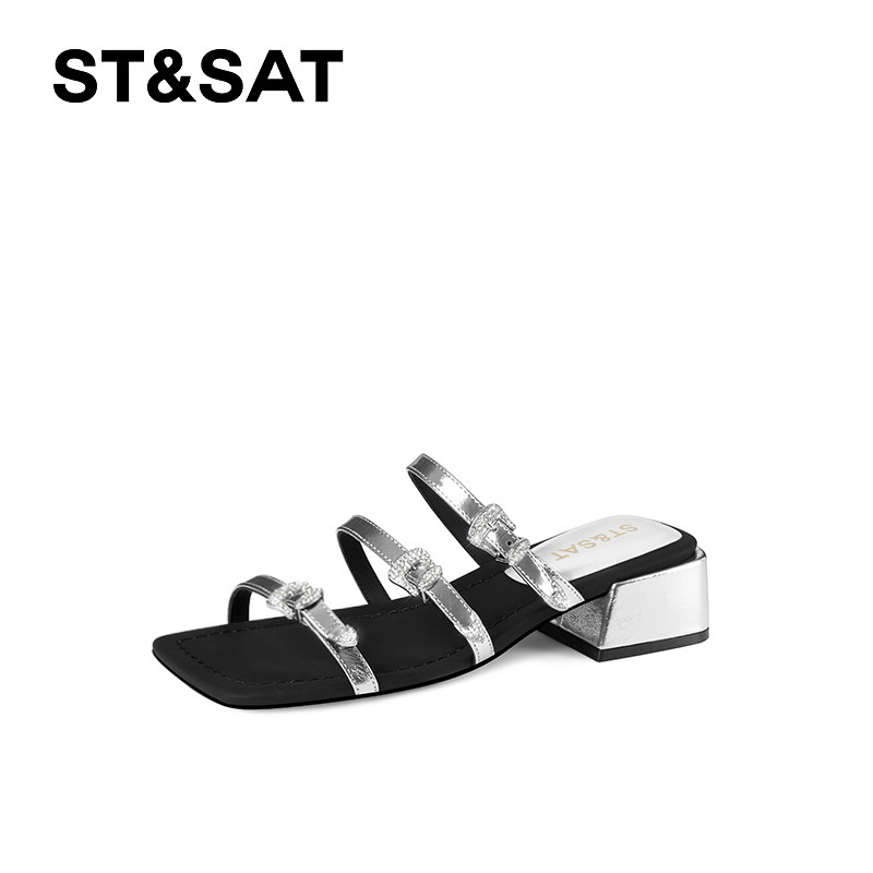 星期六真皮粗跟水钻一字拖女2025夏季新款百搭休闲中跟外穿高跟鞋