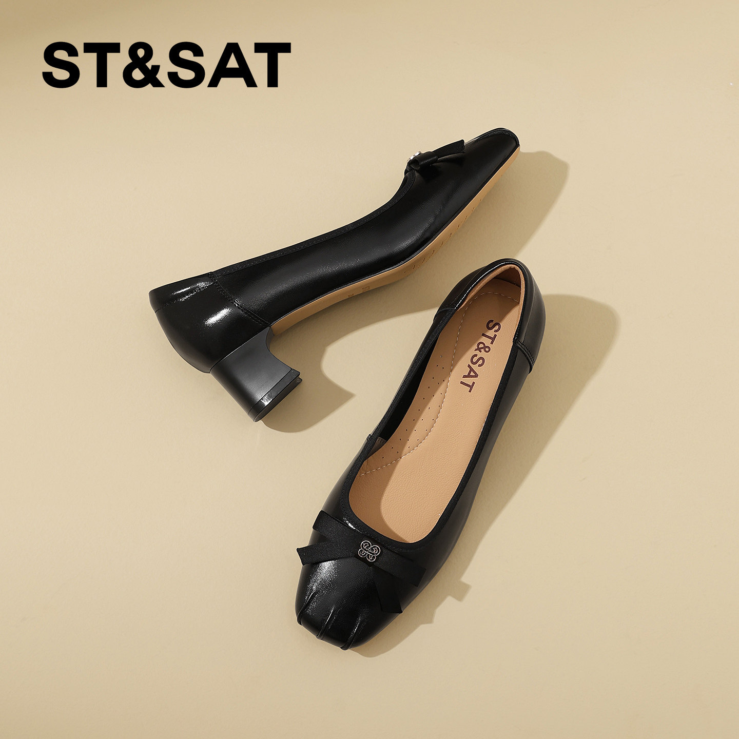 星期六简约风真皮方头粗跟浅口单鞋女2026春夏新款百搭褶皱高跟鞋