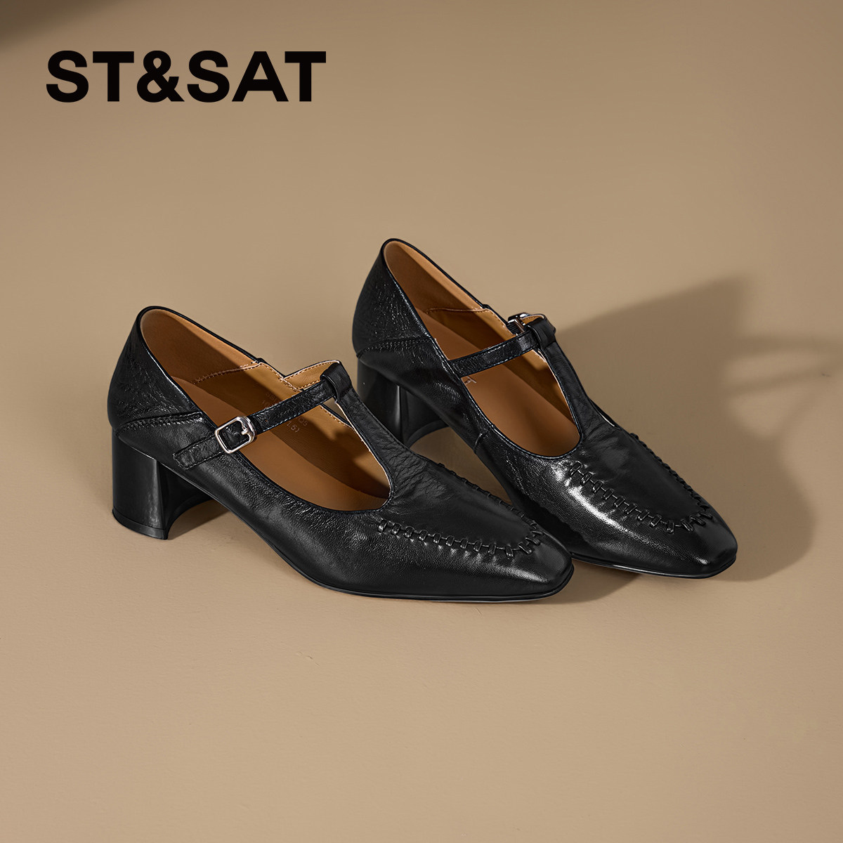 【优质羊皮】星期六法式玛丽珍鞋女款粗跟尖头中式夏季透气高跟鞋